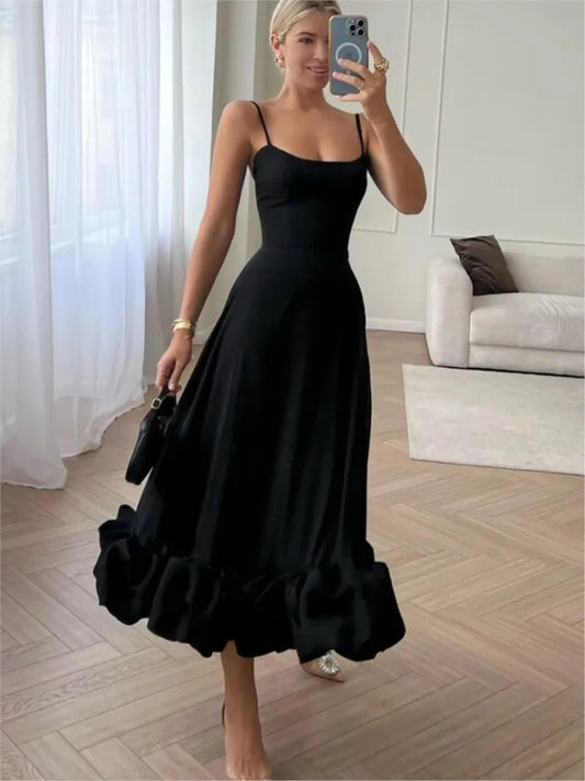 nvxiot Solid Elegant Rose Pleated Spaghetti Strap Dress Women Fashion Sleeveless Backless A-line Dresses Lady Chic Banquet Party Robe