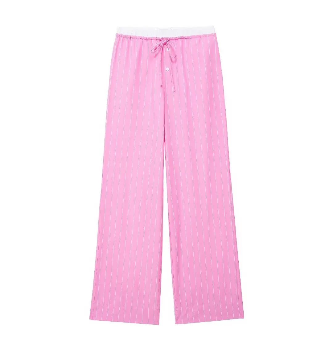 MQTIME  -   2024 Women Chic Pink Stripe High Waist Wide Leg Pants Woman Drawstring Buttons Side Pocket Slim Casual Trousers Traf