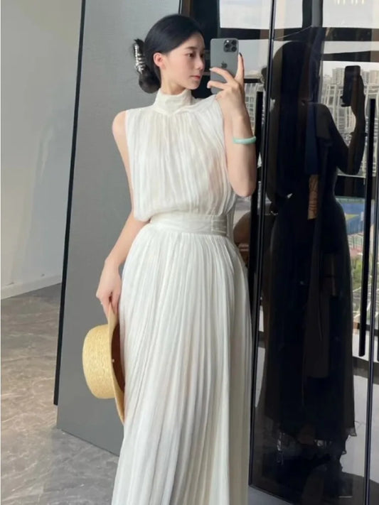 nvxiot  -  Elegant High Necked Wrinkled Shoulder Strap Dress For Women'S Summer Vacation Style, Gentle And High-End Long Skirt