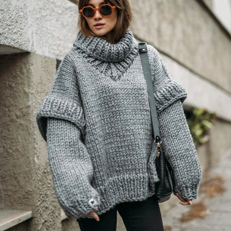 nvxiot New Women Sweater Pullover Knit Sweater Fluffy Long Sleeve Tops Winter Oversized High Neck Warm Thickened Sweater for Women