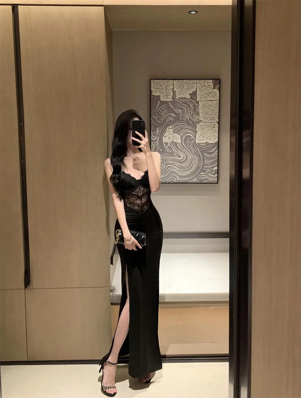 nvxiot  -  Summer Retro Black Sleeveless Sex Club High Split Slip Long Dress 2024 Fashion Women Elegant Backless Evening Party Lace Dresses