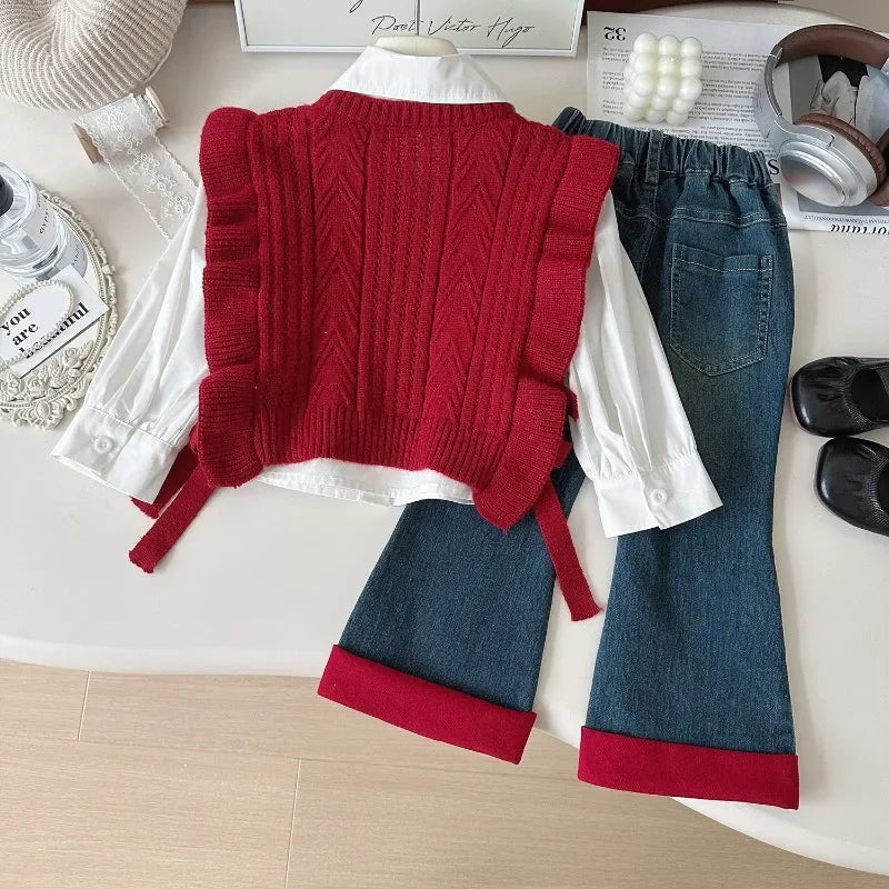 MQTIME  -  3Pcs Girls Suits Autumn Winter Long Sleeve Shirt+Knitted Sweaters Vest+Jeans Children Casual Costumes Toddler Girl Outfits Set