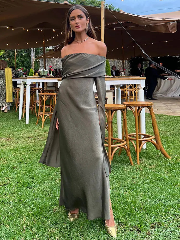 nvxiot -  Fashion Sexy Solid Off Shoulder Midi Dress For Women Elegant Chic Slash Neck Long Sleeve Dresses Female Evening Party Club Robes