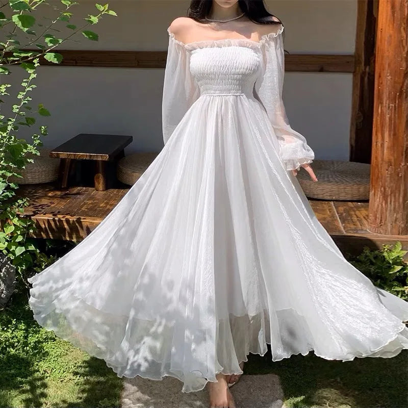 nvxiot Elegant Holiday Beach Dresses Summer Women Solid White Puff Sleeve Slash Neck Off Shoulder Korean Fashion Chiffon Dresses