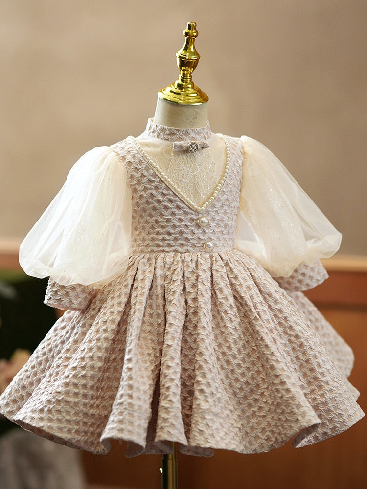 nvxiot Baby Girls Princess Ball Gowns Infant Girl Patchwork Lace Puff Sleeves Beading Midi Dress Children Elegant Cute Party Wear