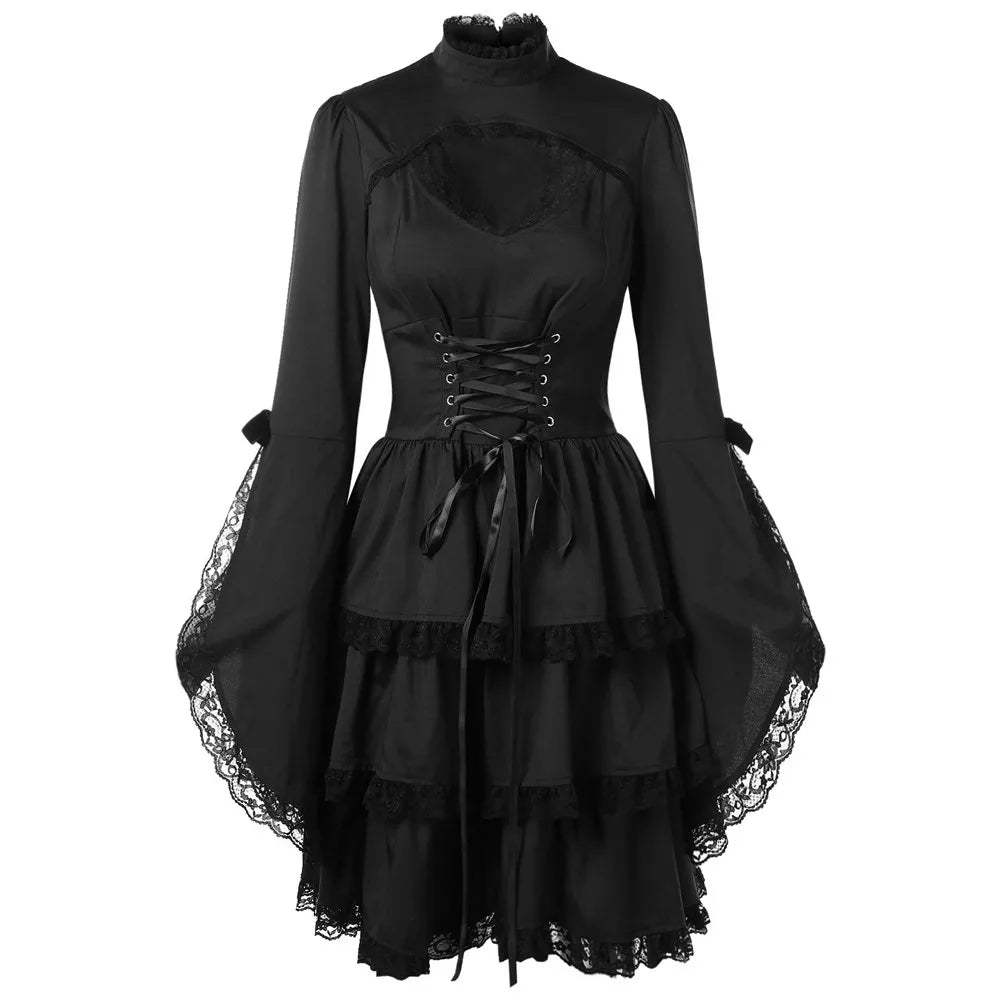 MQTIME  -  Women Medieval Renaissance Bandage Black Dress Elegant Tunic Party Dress Ladies Flare Sleeve Lace Trim Cosplay Mini Dress