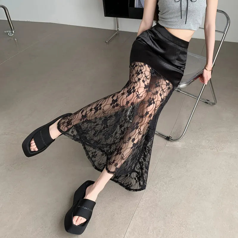 nvxiot  -  2024 Summer Commuter Korean Half Skirt High Waist Lace Slim Hook Flower Style New Solid Color Sexy Long Skirt for women