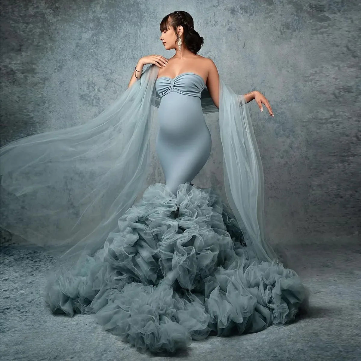 MQTIME  -  Grey Blue Mermaid Maternity Dress for Photo Shoot Ruffles Train Tulle Maternity Dresses Women's Babyshower Gown vestido de novia