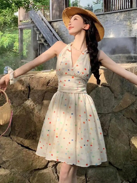 MQTIME  -  Korean Beige Polka Dot Sexy Party Prom Short Dress Women Retro Elegant Sleeveless Backless Halter Bandage Mini Dress Summer New