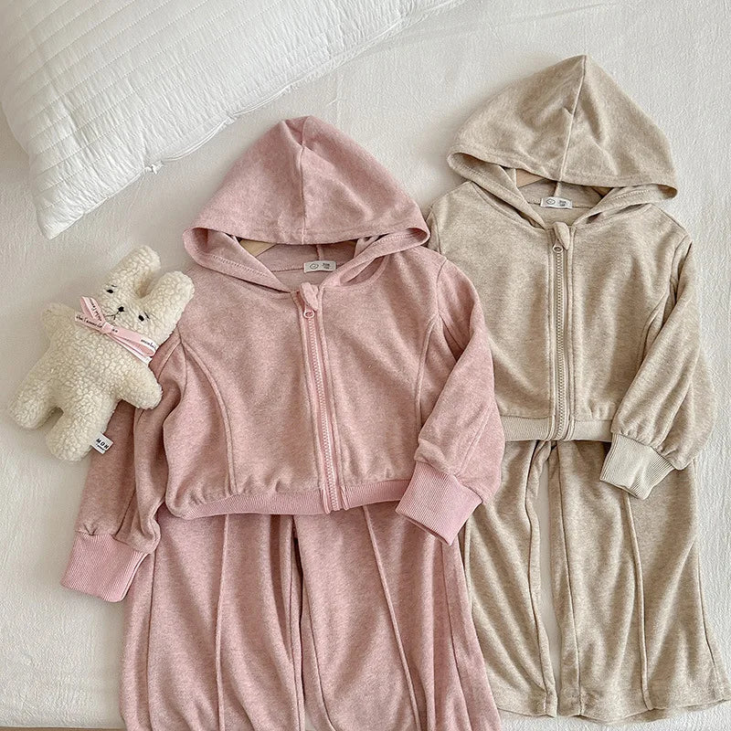 MQTIME  -   Girls 2 Piece Clothes Set Cotton Baby Girl Hooded Elastic Hem Coat Kid Girl Solid Wide Leg Pant Outfit Children Girl Suit