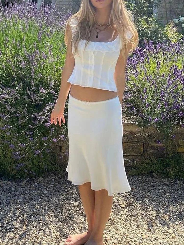 nvxiot White Lace Summer Women Set Sleeveless Crop Top+midi Skirt Outfits 2024 Beach Holiday Chic Vintage Sundress Dress Set