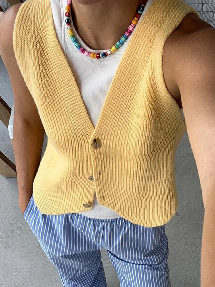 MQTIME  - Casual Knitted Sleeveless Vests Women Solid Colorful Singled-Breasted Sweater Female Autumn Chic Loose Soft Tops All-matching