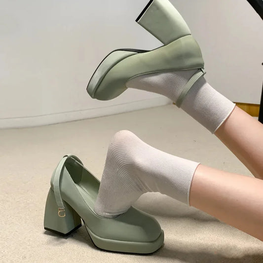 MQTIME  - Spring New Light Green Mary Janes Women High Heels Thick Heel Square Toe Shoes Elegant Ladies Fashion Black White Pumps