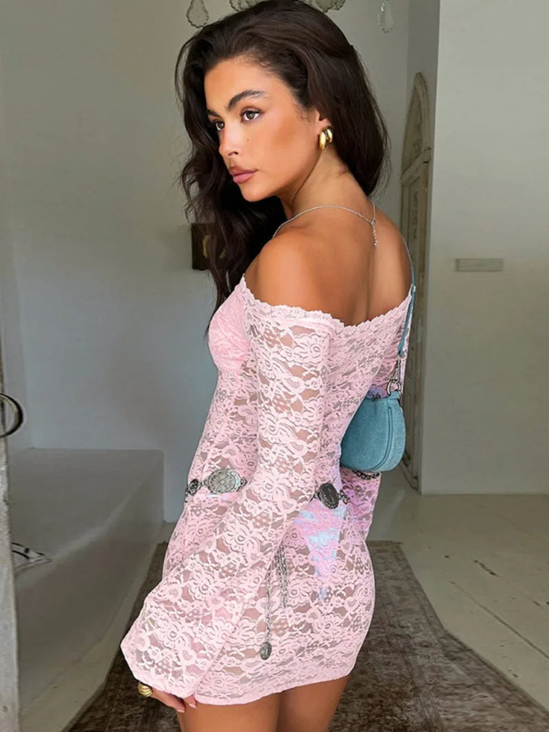 nvxiot New Fashion Slash Neck Long Sleeve Short Lace Dress Streetwear Sexy Summer Off Shoulder See-through Bodycon Pink Evening Dresses