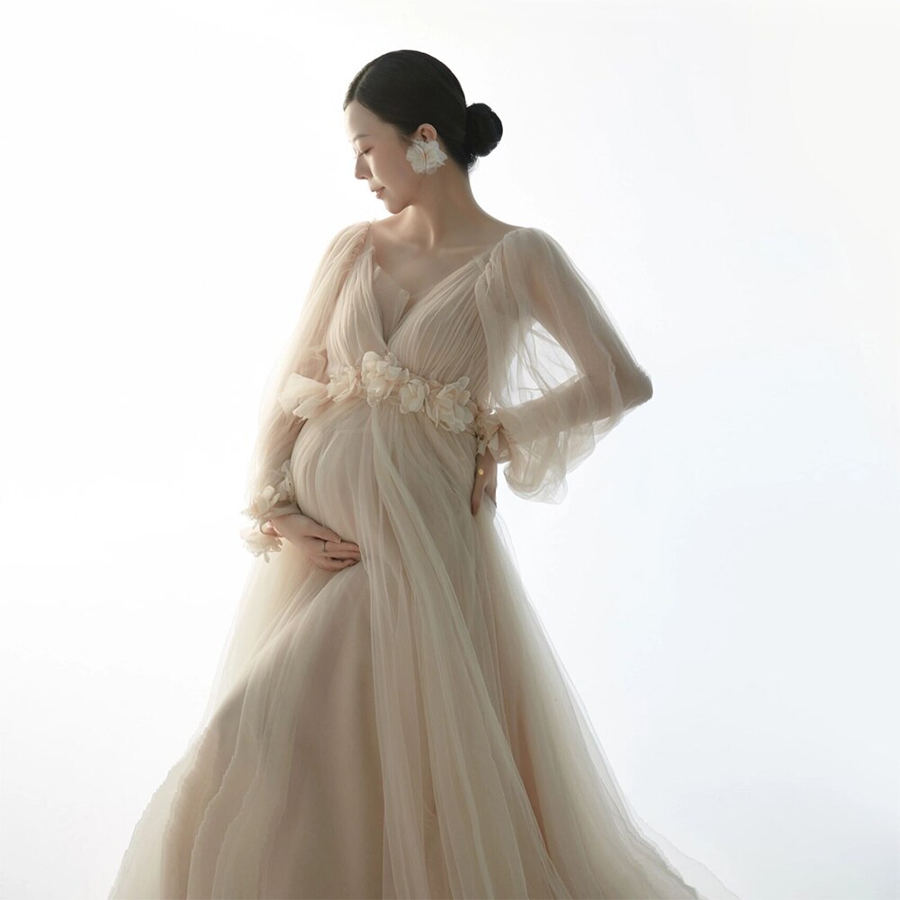 nvxiot Mesh Maternity Dresses For Photo Shoot Long Sleeve Tulle Floral Maxi Gowns Pregnant Women Photography Pregnancy Shooting Dress