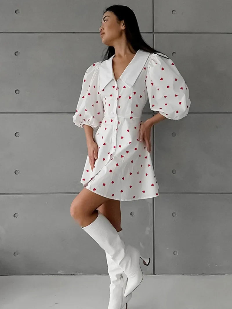 nvxiot Womens Red Loving Heart Print Cotton Dress 2024 Fashion Sweet Girls Single Breasted High Waist Tunics A-line Short White Dresses