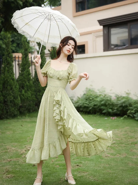 MQTIME  -  French Style Summer Women Green Fairycore Dress Square Collar Solid Sweet Travel Holiday Dress Stylish Ruffles Feminine Dresses