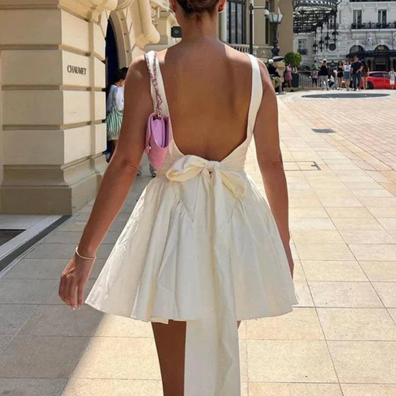 nvxiot Women Sexy Tie Back Short Dress French Style Elegant Square Collar Backless A-line Dresses Holiday Summer Fairycore