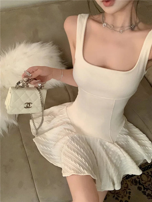 MQTIME  - Sexy White Club Outfits for Women Summer Ballet Style Patchwork Fishbone Waist Fluffy A-line Short Dress Sweet Y2k Mini Dress