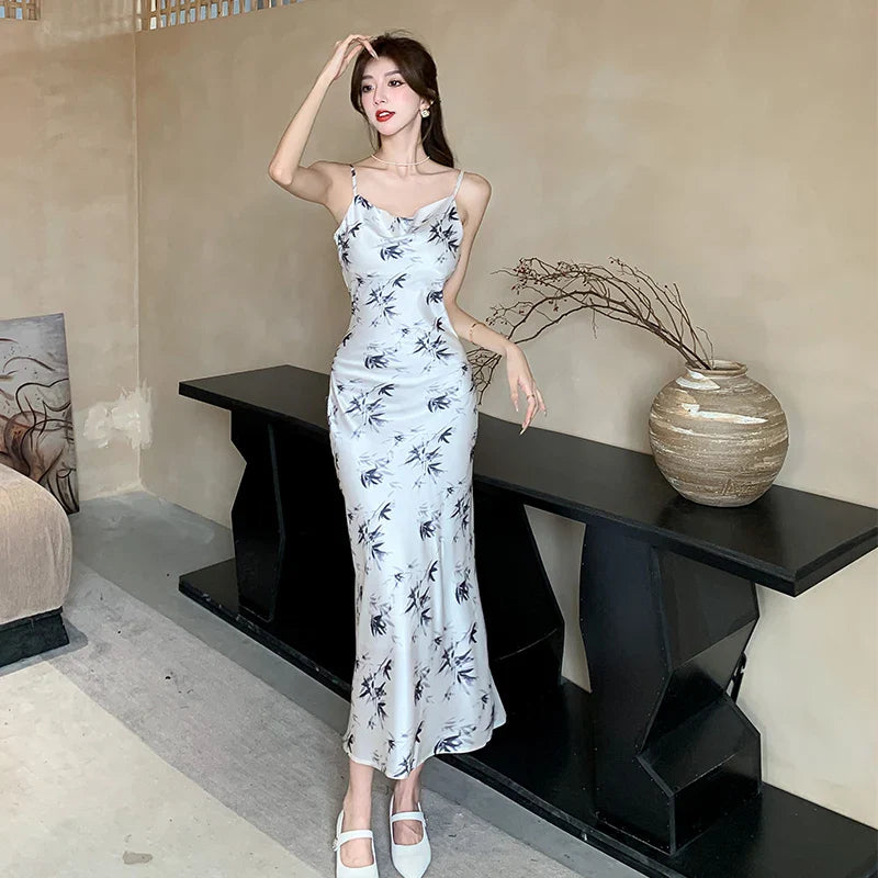 MQTIME  -  Chinese style high waisted floral camisole dress for women with pure desire to swing collar, printed buttocks, mid length skirt