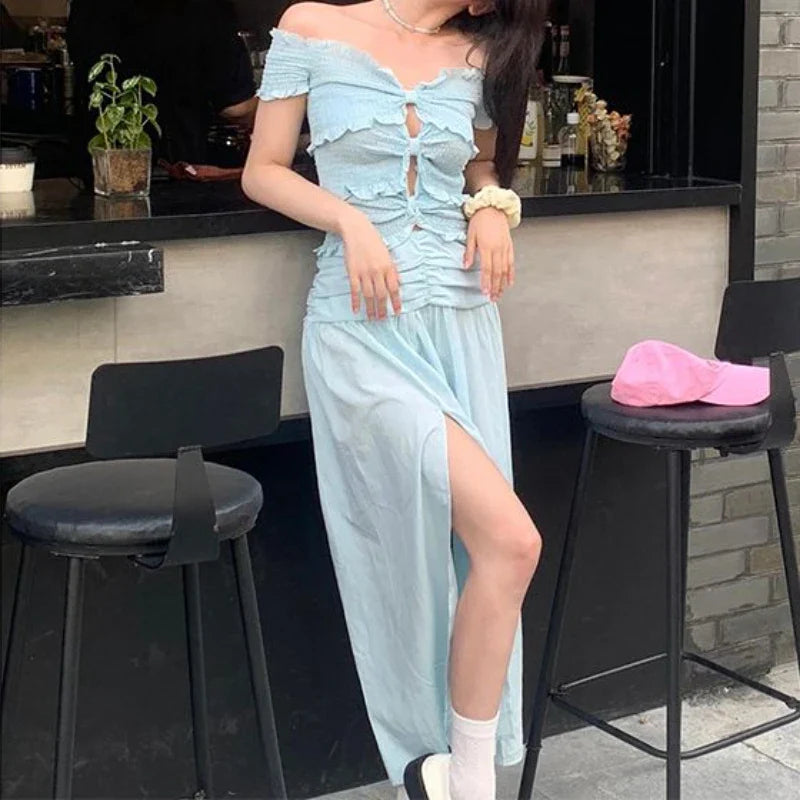 nvxiot  -   Sweet Ruffle Blue Woman Dress Vintage Sexy Hotsweet Long Dress Party Vacation Pleated Slash Neck Chic Summer Boho Dress