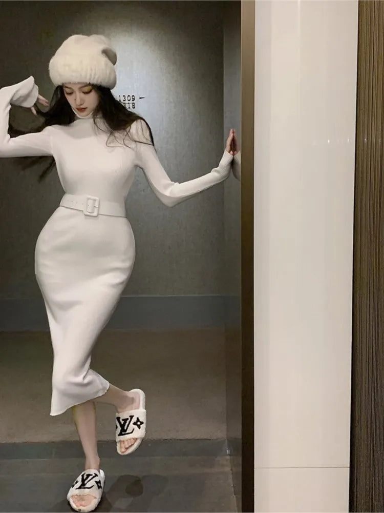 nvxiot autumn winter women solid elegant slim knitted dress korean long sleeve sweater dress office lady midi dress