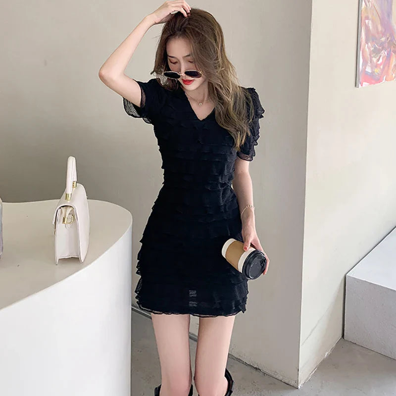 nvxiot  -  Summer White Chic V-Neck Sexy Club Mini Dress Women Fashion Cascading Ruffled Prom Dress 2024 Black Vintage Elegant Party Dress