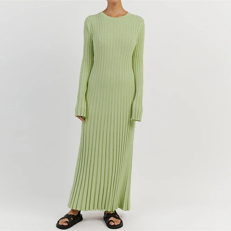 nvxiot 90s Vintage Tie Waist Dress Women Elegant Ribbed Knit Full Sleeve Maxi Dress Crew Neck Bodycon Pencil Long Dress Streetwear