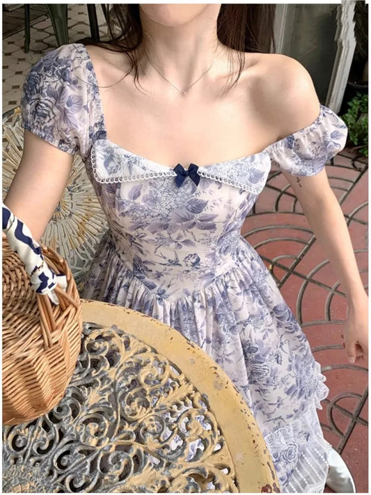 nvxiot Vintage Lace Ruffles Princess Slim Dress Women Summer Elegant Square Collar Kawaii A-Line One Piece Vestidos Female Clothes