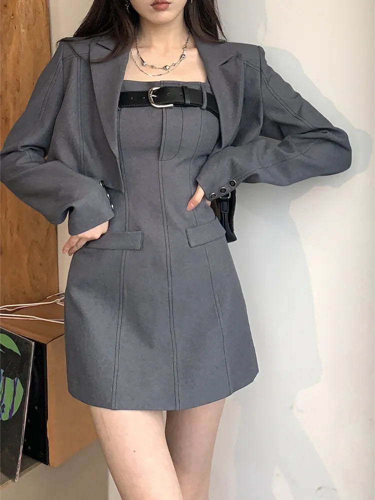 nvxiot-Korean Style Two Piece Dress Set Women Elegant Blazer Coat + Strap Dress Set Female Casual France Vintage Dress Suit Spring 2023