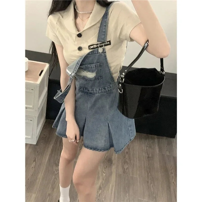 nvxiot-Denim Overall Dresses Women Summer Vintage Blue Elegant Y2k Folds Camisole Pleated Dress Mini Fashion Hotsweet Korean Vestidos