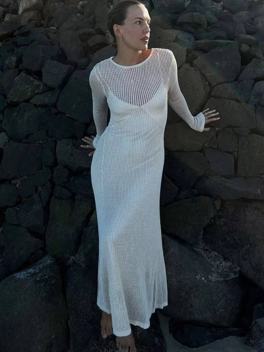 nvxiot Summer Knitted Maxi Dress for Women Hollow Out See Through Long Sleeve Slim Elegant Sexy Dresses Club Party Beach Dress Casual