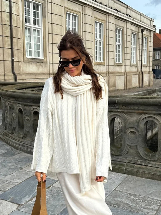 MQTIME  -  Autumn Solid Pleated Scarf Twisted Knitted Sweater Women Chic Long Flare Sleeve O-neck Knit Pullover 2024 Lady Streetwear