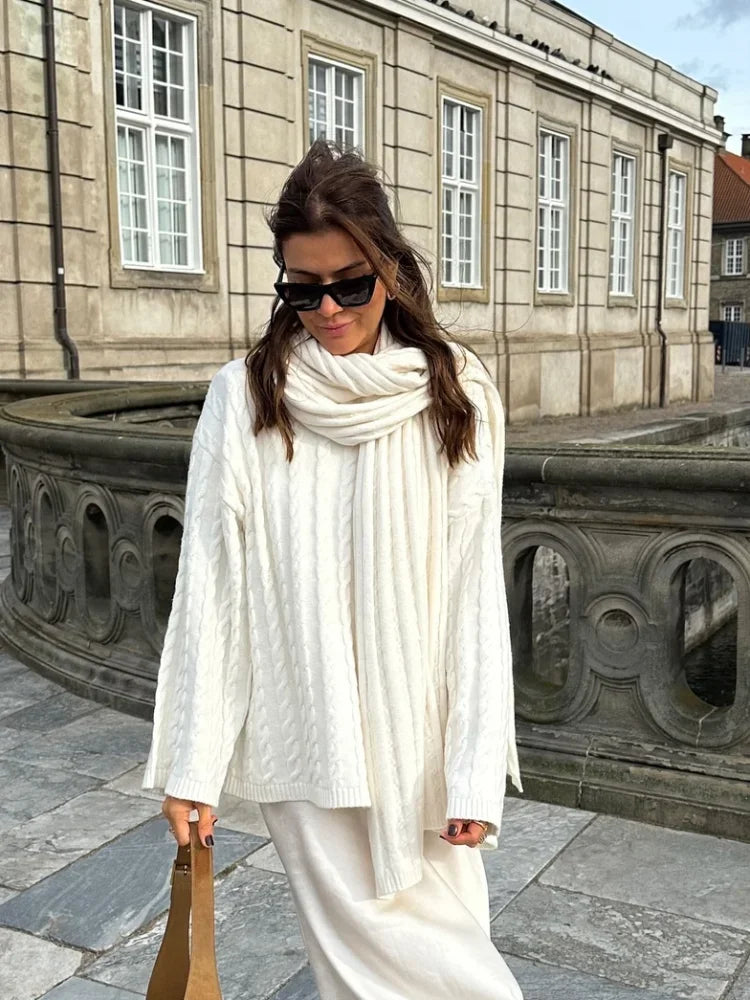 nvxiot  -  Autumn Solid Pleated Scarf Twisted Knitted Sweater Women Chic Long Flare Sleeve O-neck Knit Pullover 2024 Lady Streetwear