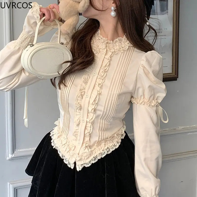 nvxiot Victorian Elegant Lolita Blouses Women Sweet Lace Ruffles Bandage Puff Long Sleeve Shirts Korean Fashion Slim Vintage Gothic Top