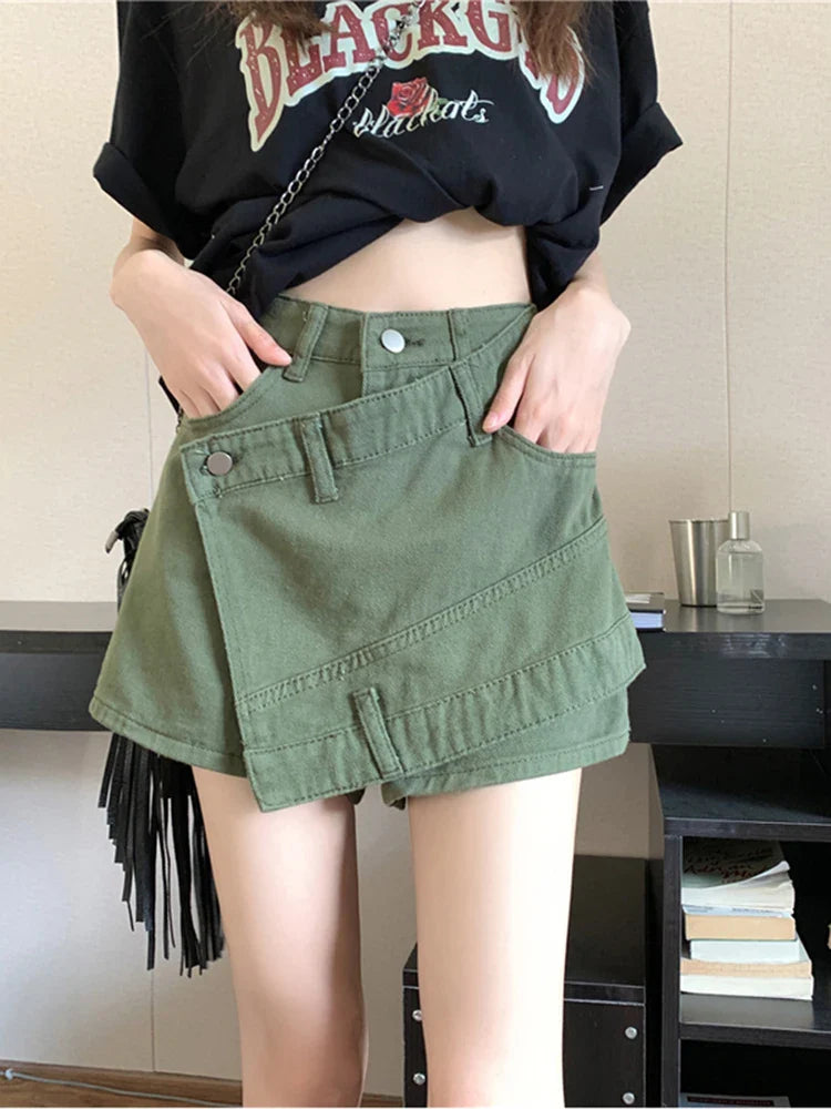 nvxiot Women's Clothing Vintage Irregular Army Green Denim Shorts Summer Streetwear Fashion High Waist A-Line Button Slim Pants Female