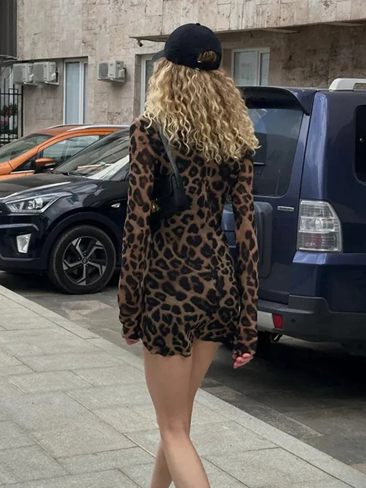 nvxiot Sexy Leopard Print Mini Dress Women Slim Long Sleeve O-neck Dresses 2024 Spring Summer Vintage High Street Lady High Streetwear