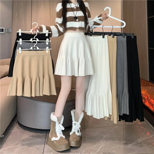 nvxiot  -  2024 Spring and Autumn New Ruffle Edge Pleated Skirt Knitted Half Skirt Versatile Fashion Women's Mid length Knitted A-line Skir