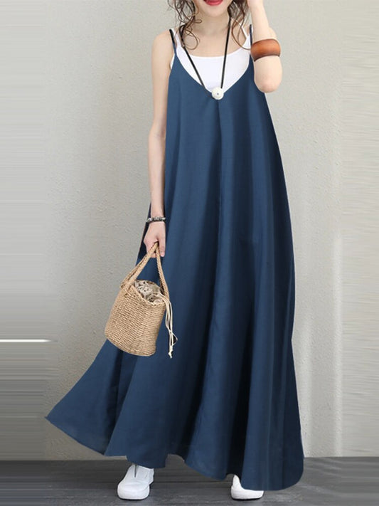 nvxiot New Summer Female Sling Dress Fashion Casual Loose Solid Skirt V-neck Backless Sexy Long Dress Sleeveless Women's Party Dress