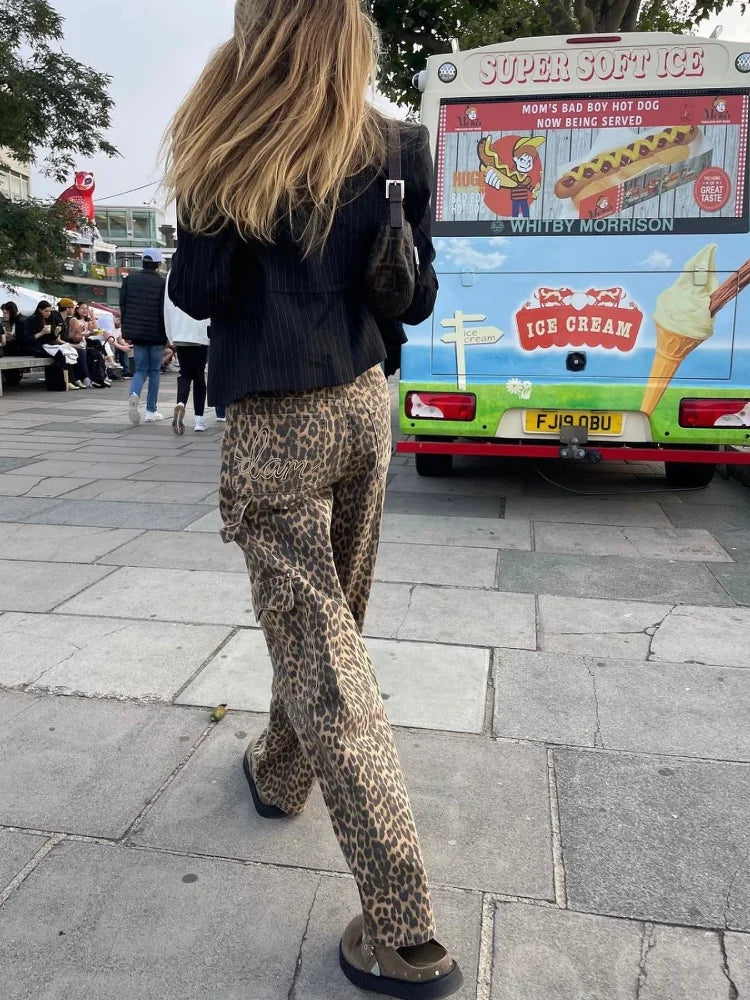 nvxiot  -  Fashion Leopard Printed Long Pants Women 2024 Spring Summer Slim Pocket High-waist Casual Straight-pants Female Commuter Clothes