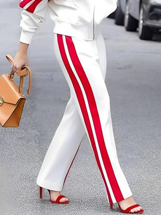 nvxiot  -  Female Fashion Casual Contrast Color Striped Printed Straight Leg Pants & Long Sleeves Zipper Stand Collar Jackets