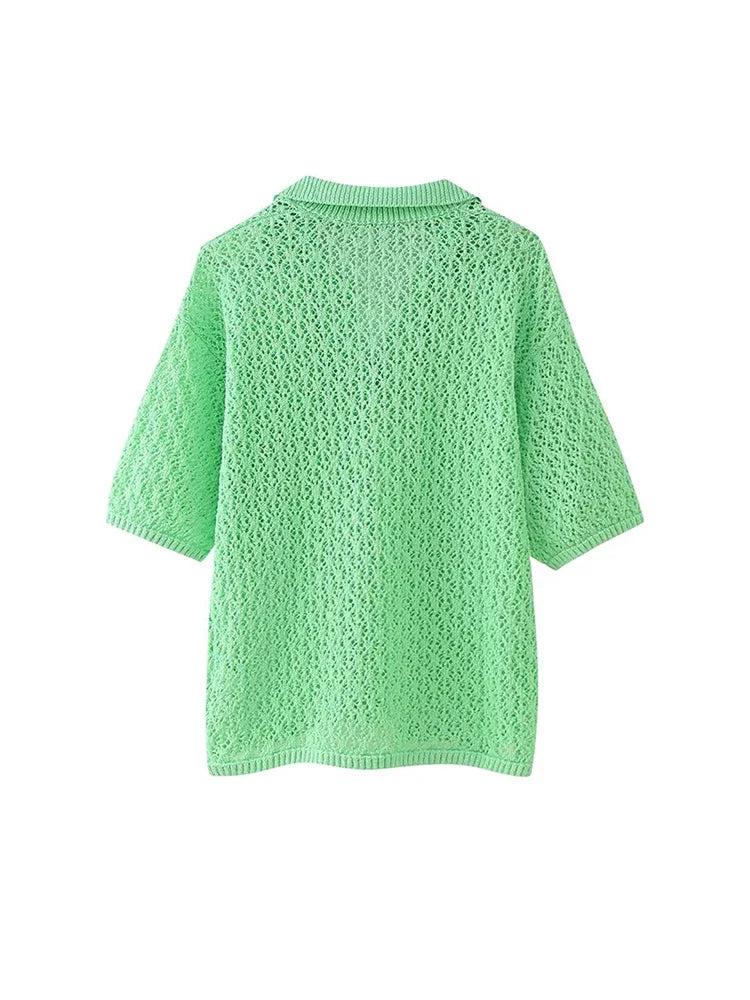 MQTIME  -  Jacquard Knit Sweater Jumper Women Short Sleeve Hollow Out Loose Beach Pullover 2024 New Casual Polo-Neck Streetwear Knitwear