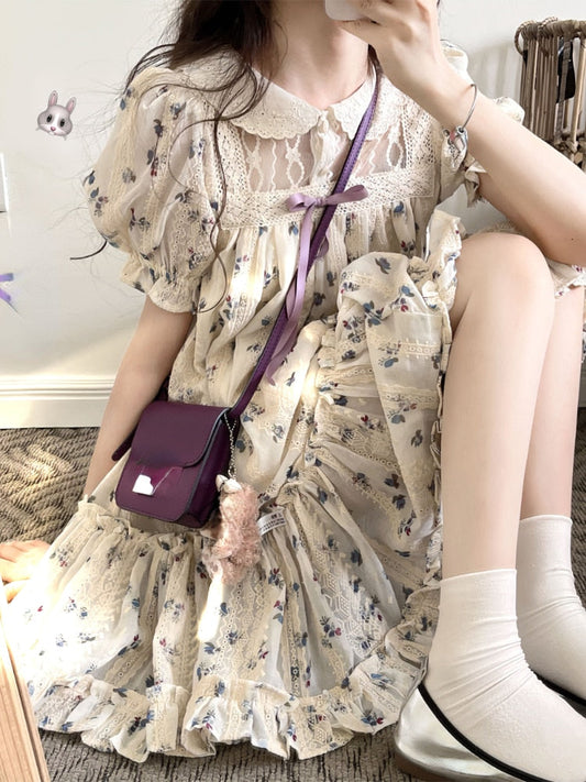 nvxiot  Floral Print French Elegant Dress Women Chiffon Japanese Sweet Party Mini Dress Female Korean Kawaii Puff Sleeve Dress  New