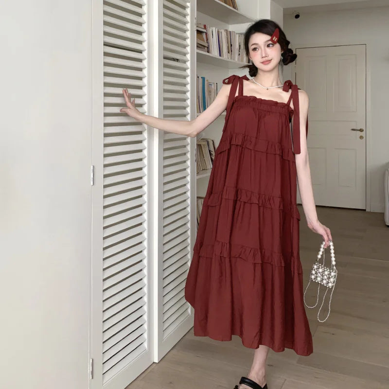 nvxiot  - Summer Korean Patchwork Solid Color Loose Sleeveless Slip Dress Femme Sweet Pleated Lacing Bow Princess Dress New Women Clothes