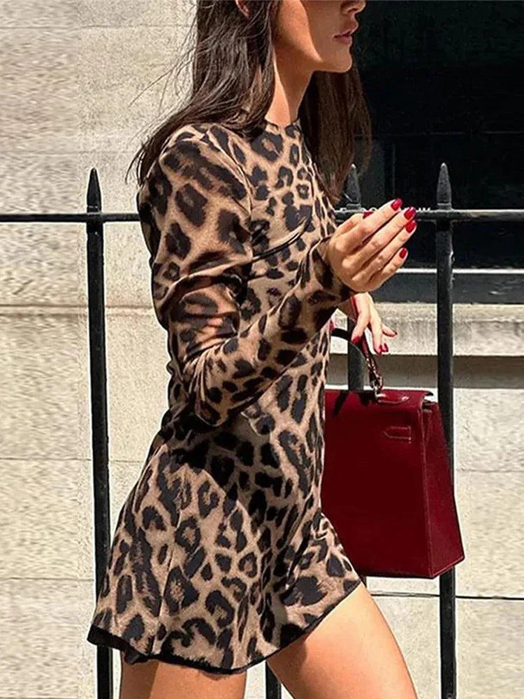 nvxiot Sexy Leopard Print Mini Dress Women Slim Long Sleeve O-neck Dresses 2024 Spring Summer Vintage High Street Lady High Streetwear