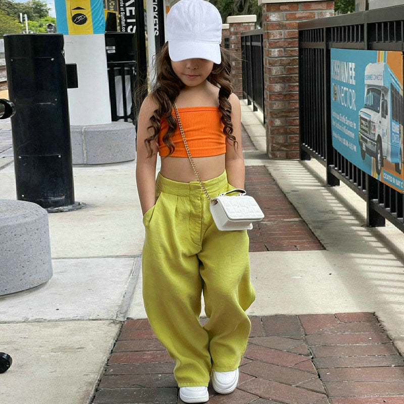 nvxiot Summer Children's Girl Streetwear Clothing 2pcs/set Sleeveless Crop Tops+Chic Long Loose Trousers Baby Kids Girl Clothes Suits