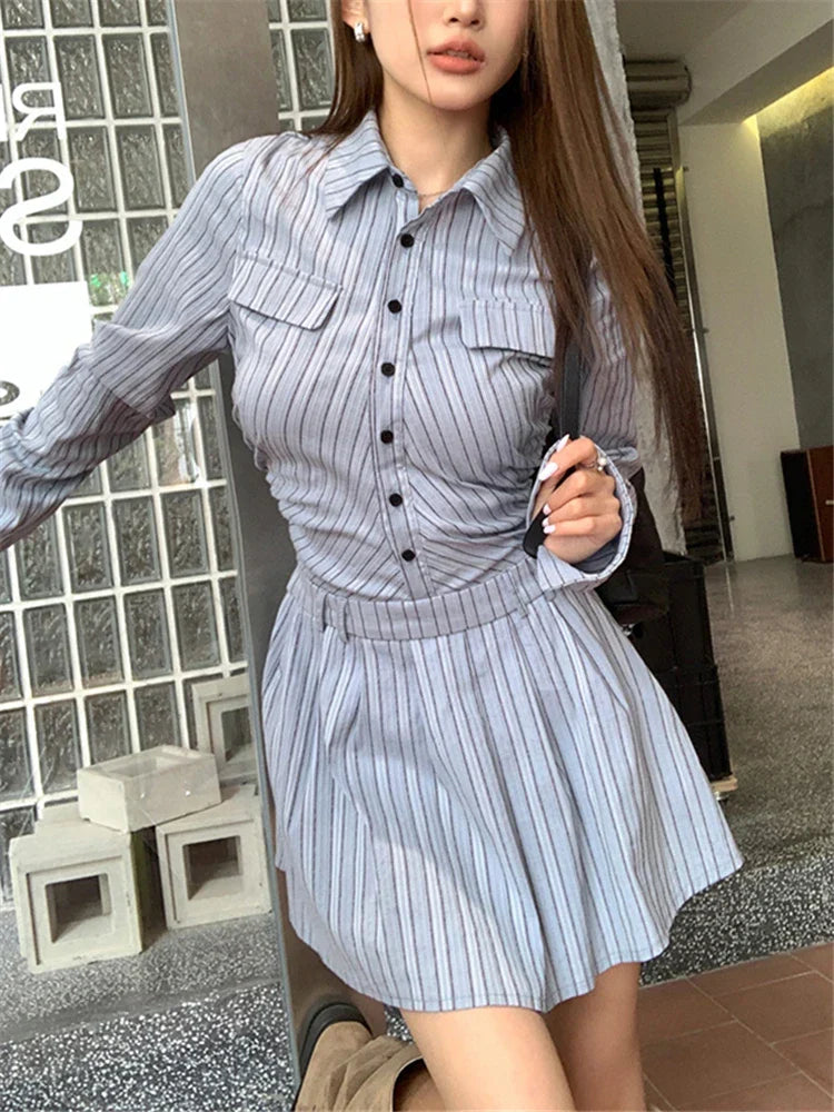 nvxiot-Elegant Vintage Blue Striped Women Mini Dresses Autumn Fashion 2023 New Pleated Long Sleeve Holiday Party Shirt Dress Korean