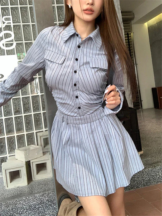 nvxiot-Elegant Vintage Blue Striped Women Mini Dresses Autumn Fashion 2023 New Pleated Long Sleeve Holiday Party Shirt Dress Korean