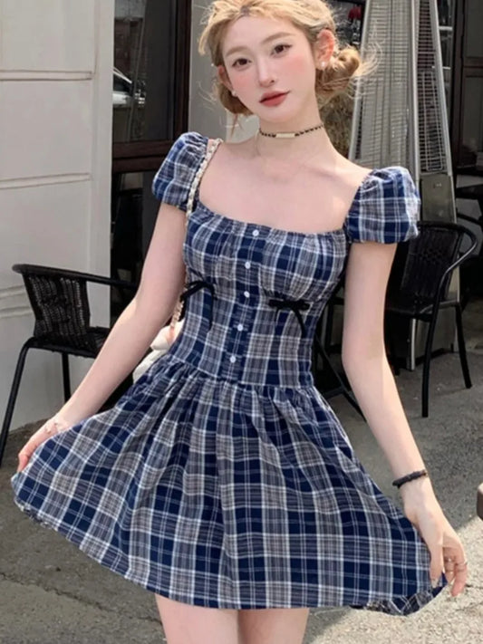 MQTIME  -  Y2K Plaid Short Dresses for Women Princess Birthday Party Dress Puff Sleeve Square Collar Bow Prom Summer Mini Vestidos Mujer