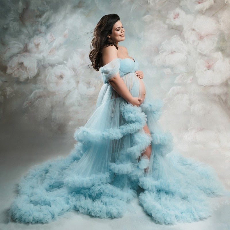 nvxiot Maternity Photography Dress Women Ruffle Long Sleeve Tulle Long Dress Maternity Pregnant Women Dress Baby Shower Robe